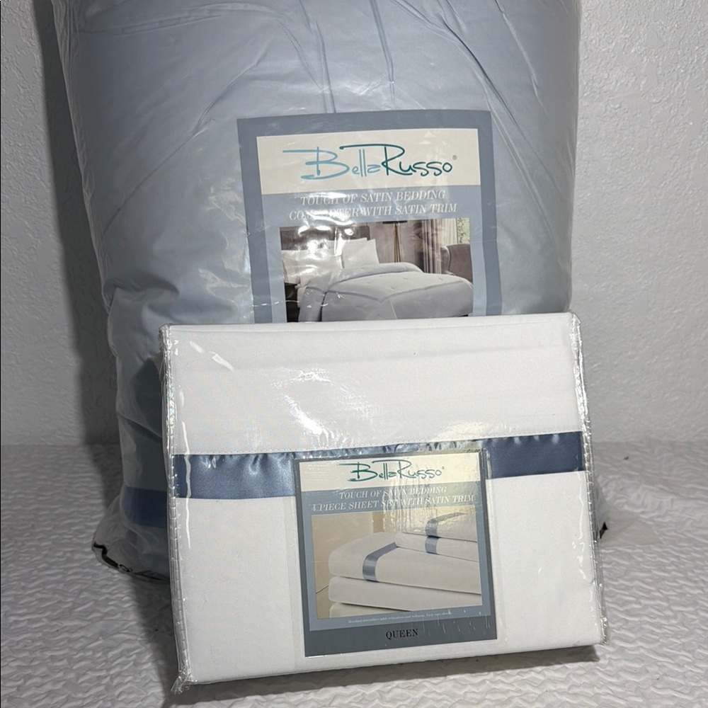Bella Russo Satin Comforter Light Blue with Blue Trim Matching Queen Sheet Set